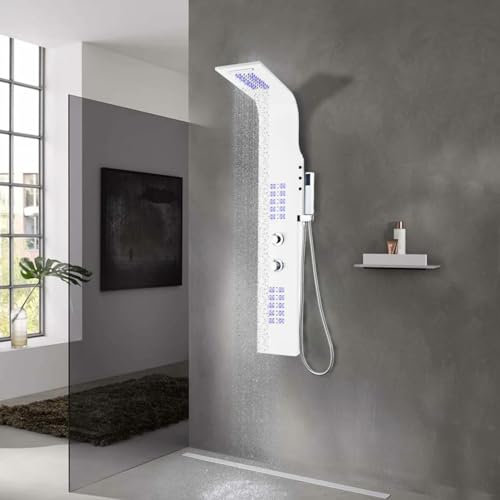 ADWOA Pannello Doccia in Alluminio 20x44x130 cm Bianco,Colonna Doccia Idromassaggio Miscelatore per Vasca Funzioni Pannello Doccia Set Acciaio Inox Sistema Set Doccia con Soffione Fisso,Massaggi,DOCC