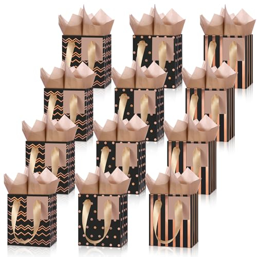 Tenare 12 Pcs Small Gift Bags Mini Metallic Paper Bag Bulk Tiny with Handle Tissue Paper for Wrap Christmas Thanksgiving Halloween Birthday Party Favor Supply(4 x 2.75 x 4.5 Inch,Black Rose Gold)