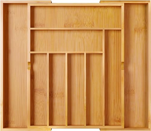 MantraRaj Premium Bamboo Drawer Organiser 58x43cm 7 to 9 Compartments Expandable Cutlery Tray Kitchen Drawer Dividers | Cutlery Drawer Organiser | Cutlery Holder | Utensil Drawer