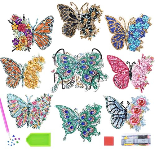 AYNKH 8-teiliges Diamant-Kunst-Malerei-Untersetzer-Set mit Halter, DIY Handwerk mit Werkzeugen, Heim-Auto-Dekoration für Anfänger, Erwachsene, Kinder, Weihnachten, Erntedankfest, Ostern, Jahrestag,