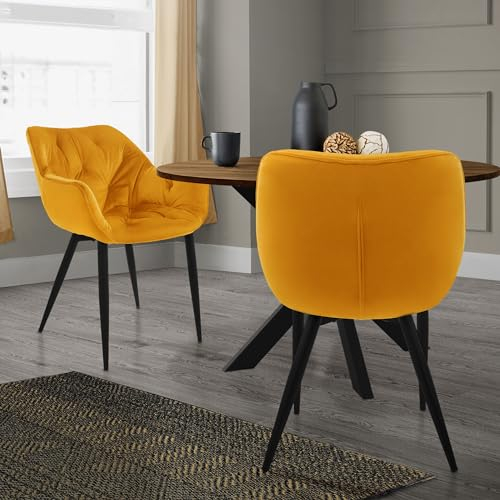 ML-Design Set 2 Chaises de Salle à Manger, Jaune Moutarde, Assise Rembourrée en Velours, Pieds Métalliques Noir, avec Dossier et Accoudoirs Ergonomiques, Fauteuil Moderne Salon Bureau Chambre Cuisine