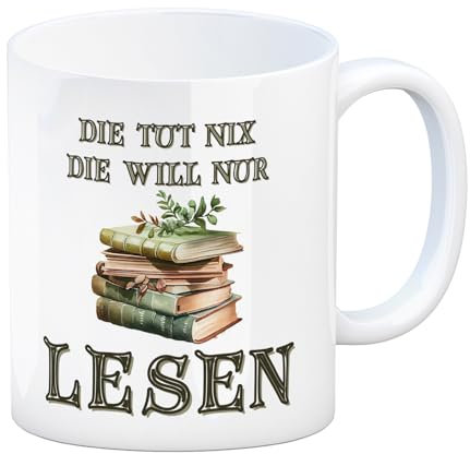 Bücher Kaffeebecher mit Spruch Die tut nix die will nur lesen Schöne Tasse für Buchliebhaber Bücherei Schreibtisch Geschenk für Bücherwurm Bücherratte