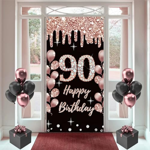 90th Birthday Decorations for Women, Happy 90 Years Old Fabric Sign Poster Rosegold Backdrop Door Banner, 90th Birthday Party Supplies Photo Background Welcome Sign, 180 cm x 90 cm