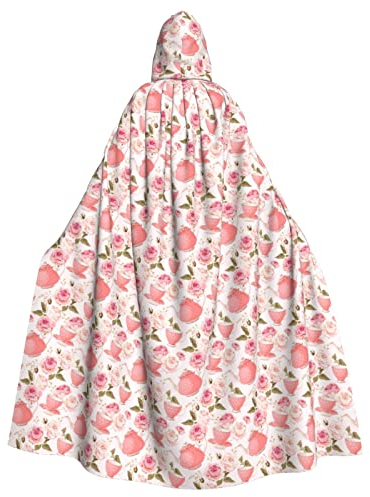 Bxzpzplj Tea Cups With Roses Romantic Shabby Print Hooded Cloak Adults,Carnival Witch Cosplay Robe Costume,Carnival Party Supplies,185cm