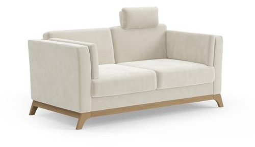 Cavadore 2,5er-Sofa Vida / 2,5-Sitzer Couch im trendigen Design mit massivem Holzrahmen in Buche, Kopfstütze mit Kuschelkissen / 183 x 84 x 93 / Mikrofaser, Naturweiß