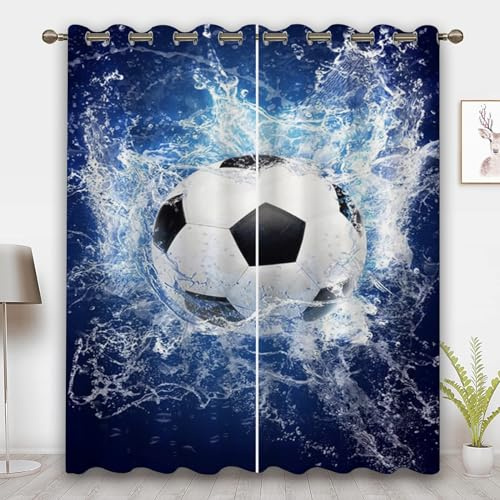 CHEFFS Fußball Gardinen Verdunklungsgardine Ösen Für Schlafzimmer, Fußball Vorhänge Blickdicht Verdunkelungsvorhang Für Kinderzimmer (110 x 140 cm 2er Pack)