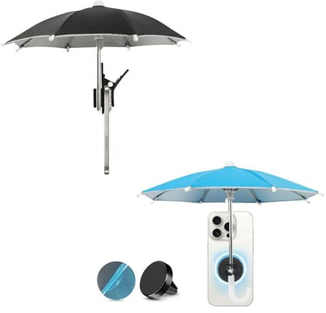2 pièces Mini Parapluie Telephone avec Support magnétique,Parapluie TéLéPhone Portable,Ombres telephone parapluie,pour le parasol de téléphone portable du jardin de plage extérieur(bleu et noir)