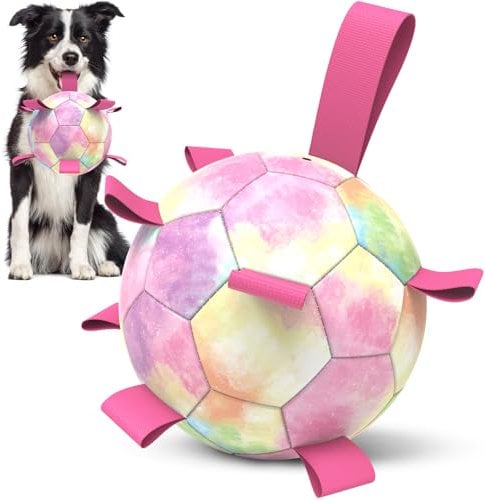 HETOO Dog Soccer Ball with Straps, Puppy Balls for Small Medium, Puppy Birthday Gifts, Dog Water Toy - Rainbow (6 Inch)