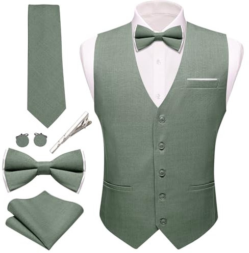 Barry.Wang Herren-Anzugweste, Leinen, formell/lässig, V-Ausschnitt, Krawatte, Fliege, Set, einfarbig, 6-teilig, Hochzeit, Party, Smoking, Grau / Grün, XXX-Large