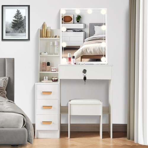 Saimeihome Schminktisch mit Spiegel und Hocker, Frisiertisch mit Lichts, Einstellbarer Helligkeit, Kosmetiktisch mit 4 Schubladen 7 Fächern für Schlafzimmer Kinderzimmer 83x36x139cm SA2D7