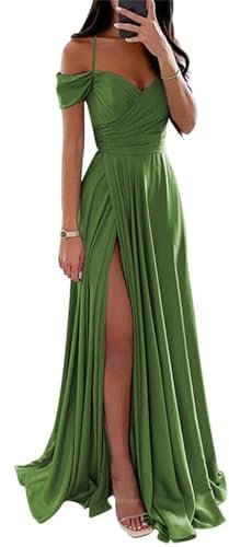 YIANN Vestidos de dama de honor de satén con hombros descubiertos para mujer, con abertura, plisado, acampanado, vestido formal de graduación, verde oliva, 36
