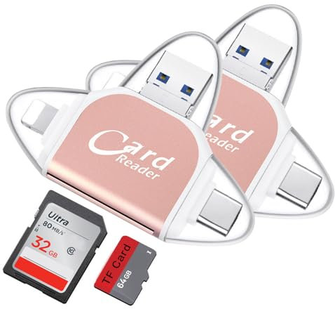 KUWUNG 2 Stück Multi-Port 4 in 1 Universal SD TF Kartenleser, Micro SD Card Reader, SD/Micro SD Speicherkartenleser, Highspeed Kartenlesegerät, Plug and Play, Kompatibel mit Android, iOS Usw Rosa
