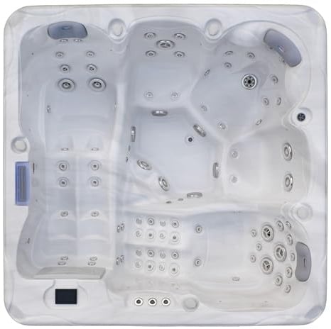 SANOTECHNIK Outdoor Whirlpool Hawaii White Marble, 5 Personen, 91 Düsen | Mit 3 Sitz- und 2 Liegeplätzen, BALBOA Touch-Steuerung, LED-Beleuchtung, Bluetooth, Wasserfall, Abdeckung und Stiege
