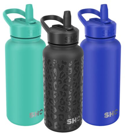 SHO Guzzler Water Bottle with Straw Lid - Leakproof, Dishwasher Safe, BPA Free, No Sweat, Vacuum Insulated Double Walled Stainless Steel Flask, 950ml & 1900ml - 24 Hours Cold (Black Leopard, 950ml)