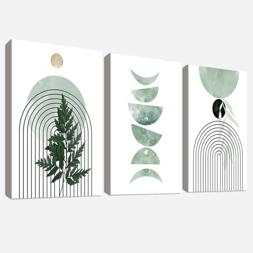 3Pcs Cadre en Bois Impression sur Toile Plantes Vertes Esthétiques Boho Tableau Image sur Toile Géométrique Minimaliste Tableau Decoration Murale Salon Chambre Salle de Bain 90x40cm(12x16x3pcs)