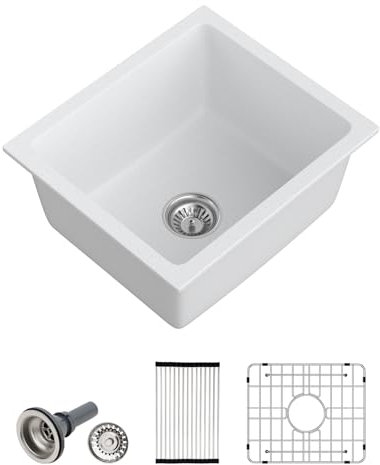 Dcolora 18 Inch Undermount Small Bar Sink Single Bowl Kitchen Sink White Granite Composite Wet Bar Sink 18W×16D×9H,DC-GUW002