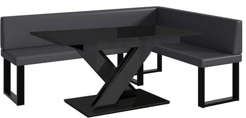 MEBLINI Eckbank für Esszimmer mit ausziehbarem Tisch - Küchenbank - Essecke - Sitzecke Küche - ERIC - U-Beine 142x196x87cm Rechts - Grau Kunstleder/B Schwarz Hochgl.