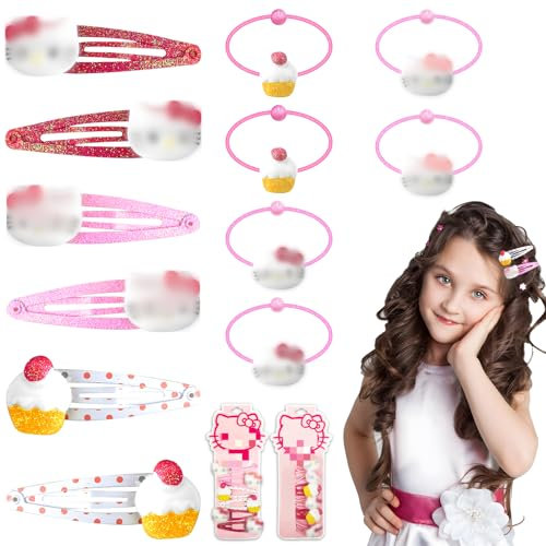 Haarspangen Mädchen, 12 Stück Kinder Haarschmuck Set Kity Haarschmuck Haarring Cartoon Anime Haarspange Süße Haarspangen Geburtstagsgeschenke für Kleine Mädchen Kinder