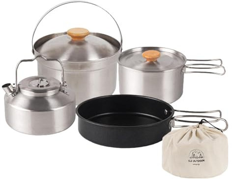 zjhukfmc Set di 4 pentole da campeggio, in acciaio inox, per campeggio, da campeggio, da campeggio, in acciaio inox, con , bollitore, padella, padella, casseruola, vaporizzatore di riso