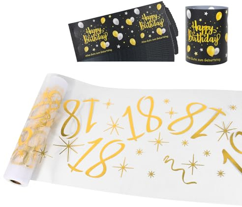 IHONYI TischläUfer 18 Geburtstag,Geburtstagsdeko Tisch Gold (28cmx10m)+12 Windlicht Tischdeko Geburtstag FüR MäDchen & Jungen Happy Birthday Tischdeko Schwarz
