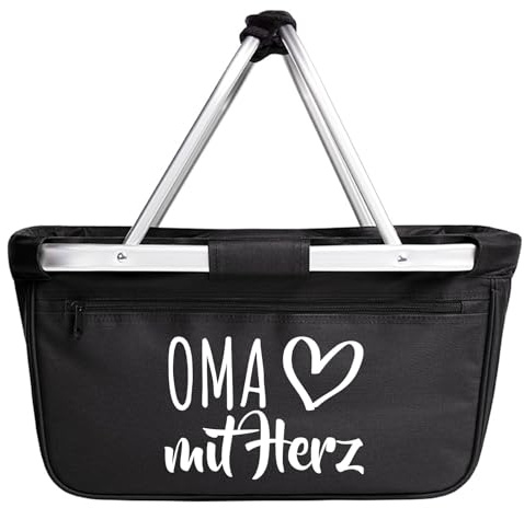 Huuraa Einkaufskorb Oma mit Herz Geschenk | Schön als Picknick Korb oder Shopper 20 Liter Black faltbarer Tragekorb Schwarz Geschenkidee Einkaufstasche Aluminium Griff