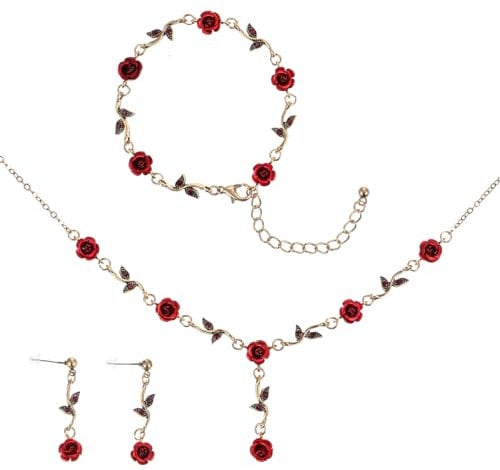 CIATBYYJ 3 Pcs Red Rose Jewelry Sets for Women,Red Rose Necklace-Roses Earrings-Bracelet,Roses Jewelry for Women's Wedding, Prom, Valentine's Day, Birthday Party