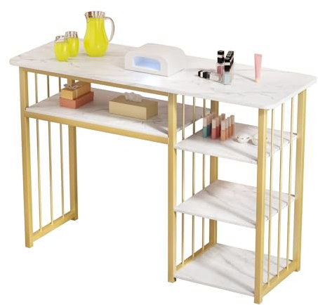 Altsuceser Manicure Table Nail Desk for Nail Tech with 3-Tier Open Shelves,Marbling Texture Manicure Station, Acetone Resistant Nails Tech Desk for Beauty Salon Spa White