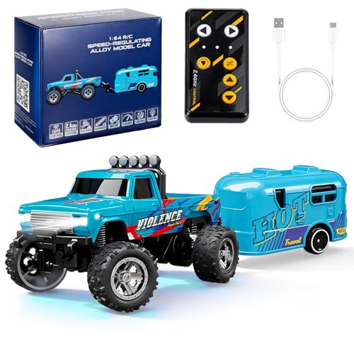 nnOuOnn Mini Monster Truck RC, scala 1:64, telecomando Monster Trucks con rimorchio, 2,4 GHz, piccolo sterzo in lega, regolabile, mini camion regalo per Natale