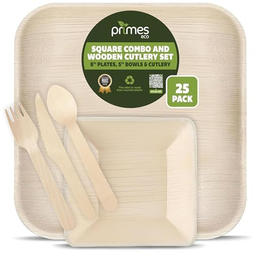 PRIMES ECO 25 pcs Disposable Palm Leaf Dinnerware Combo Set with 8 Inch Square Plates, 5 Inch 300ml Square Bowls, Wooden Spoon Knife Fork Set for Parties, Catering & Events