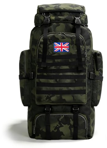 Lesbyit 80L Waterproof Hiking Backpack Lightweight Tactical Rucksack | Large Capacity Camping Backpack with 2 British Flags for Outdoor & Travel