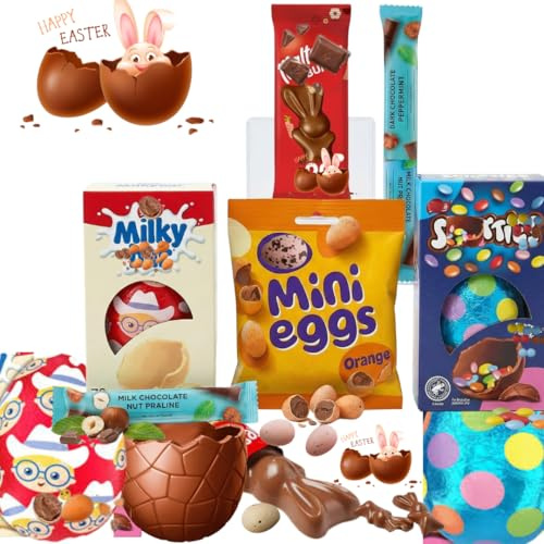 Easter Egg Chocolate Bundle 313g – Cabdury Mini Eggs, Smartties Milk Chocolate Egg, Milkibar White Egg, Malteasers Bunny & Praline Bar – Kids Easter Egg Hunt Chocolate & Gift Set (Orange Mini Eggs)