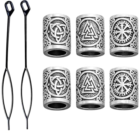 Nify 6PCS Bartperlen Und Wikinger Haarschmuck Männer Damen, Nordische Bartperle Für Dreadlocks, Zöpfe, Bartschmuck, Haarschmuck Mit Keltischen Knoten Und Runen, Vintage Bartperlen Set