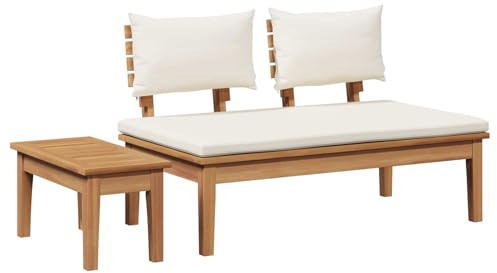 HFXHIJXQ 2-Platz Gartenbank Creme Braun 110 cm Teakholz Massiv mit Beistelltisch 60x27,5x30 cm Modernes Design Robust und Langlebig für Terrasse Balkon Garten