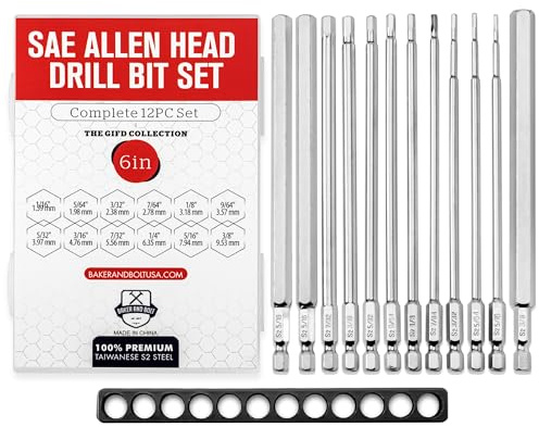 Baker and Bolt 12-Piece 6 Long Hex Head Allen Wrench Drill Bit Set – Impact Ready, S2 Steel, SAE, 1/4 Hex Bit Set with Storage Case