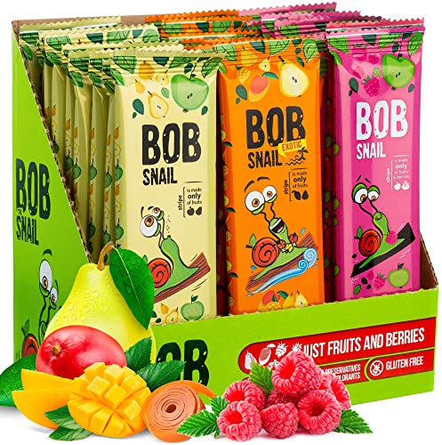 Bob Snail Vegane Süßigkeiten Vielfrucht-Riegel - 30 Gesunde Snacks Einzeln Verpackt Für Kinder und Erwachsene mit Mango Himbeeren Birnen und Apfel - Zuckerfreie Low Carb Kalorienarme Süßigkeiten