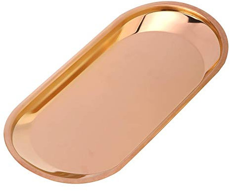 Ornaments Plate Stainless Steel Cosmetics Tray,Rose Gold Tray,9.1x4.1x0.7inch Dessert Candy Dish Tea Coffee Cup Plate,Pink Tray Cosmetics Tray,Towel Tray Perfume Tray for Bathroom