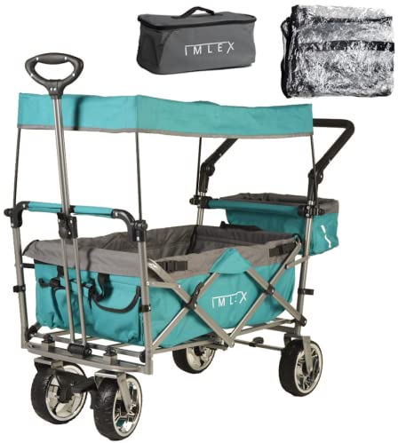 IMLEX Bollerwagen faltbar mit Dach IM-4268 mit passendem Zubehör (Türkis, Mit Regenschutz + Kühltasche)