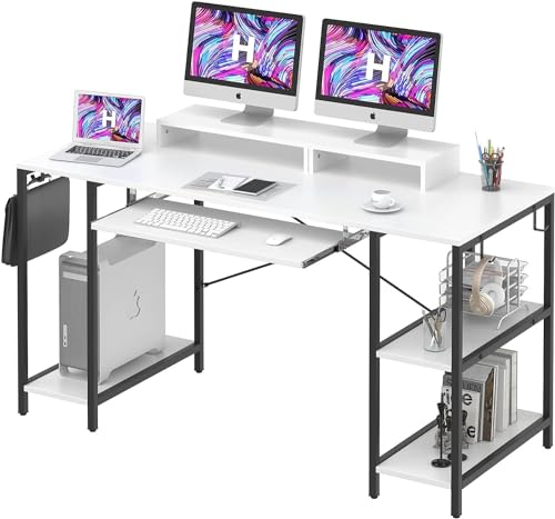 HYPIGO Computer Desk with Keyboard Tray, 55 Inch Music Studio Desk Music Production Desk with Storage Shelves Monitor Stands and 4 Iron Hooks, Workstation Gaming Table for Home Office
