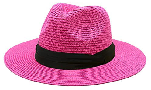 XKUN Women Paper Paglie Panama Cappelli Larghi Brima Summer Beach Caps UPF UV Proteggi Jazz Sun Hat Men Capo di Fedora Pieghevoli-NY-6 Rose Red,58-60Cm