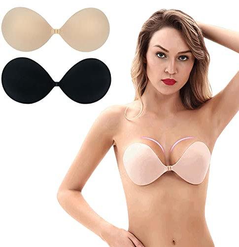 2 Pièces Soutien Gorge Dos Nu, Coque Adhesive Soutien Gorge (Couleur Nue + Noir) Soutien Gorge Dos Nu Invisible, Soutien Gorge Adhesif Push Up, Poitrine Silicone Mariage sans Bretelle Bra - A Cup