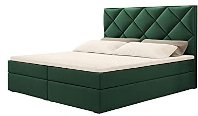 Grekpol - Boxspringbett mit TFK-Matratze H3 und Topper 5 cm, Polsterbett mit Bettkasten- Kairo (Flasche grün (Riviera 38), 90x200 cm)