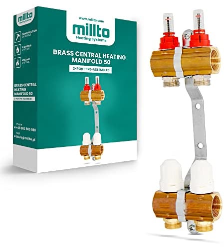 Millto™ Fußbodenheizungsverteiler Messing 2-Port 2 Abschnitte Rohranschlüsse Heizungsverteiler Vormontiert 50 Heizungsbausatz Verteiler Rohranschluss-set