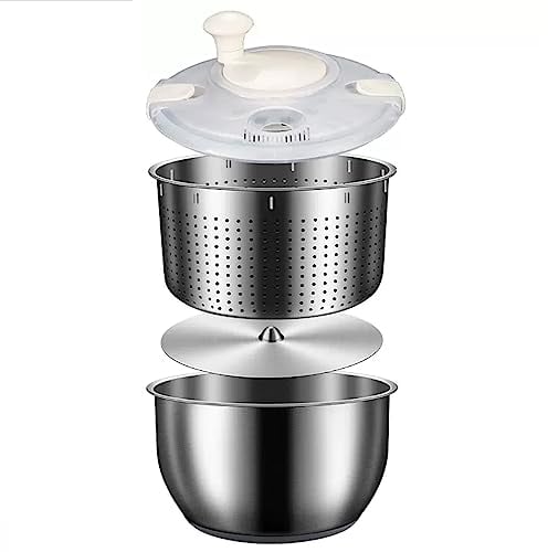 Stainless Steel Salad Spinner, Large Vegetable Washer with 6L Bowl, PP Lid, Stainless Steel Drain Basket, Lettuce Cleaner and Dryer, for Fruit Washer, Pasta and Fries Spinner