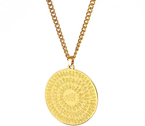 EUEAVAN Allah Halskette für Frauen Männer islamische Schrift Symbole Arabisch Runde Anhänger Halskette Mittlerer Osten Allah Islam Religiöser Schmuck Muslimisches Geschenk (Allah 2 gold)