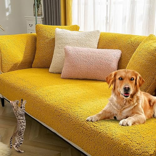 Sofaschoner rutschfest L Form Ecksofa Sofa Überzug Sofadecke Samt Sofabezug 3 2 1 4 sitzer Sofahusse für Sofas aus Mikrofaser Ledersofa (Gelb-90x180cm)