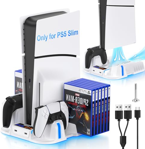 Nepagz Supporto PS5 Slim con Ventola di Raffreddamento, Accessori PS5 Slim per Nuova Versione Console Playstation 5 Slim con Stazione di Ricarica Doppio Controller, e Conservazione per 12 Giochi-Nero
