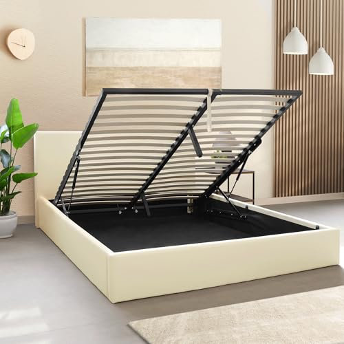 OnNuvo Letto Contenitore Matrimoniale 160x190 cm Imbottito LONDON, Vano Sotto Letto 23 cm, Sollevamento Idraulico, Montaggio Semplice, Con DOGHE ANTIRUMORE in Faggio Naturale, Brand Italiano, Beige