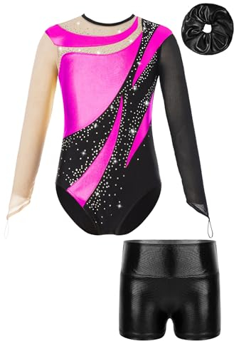Yeahdor Kinder Mädchen Turnanzug Langarm Ballett Trikot mit Strass + Kurze Hose + Haarband Metallic Gymnastikanzug Akrobatik Training A Hot Pink & Schwarz 134-140