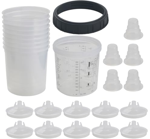 10 Pack Automotive Paint Mixing Cups and Liners Kit Disposable Spray Paint Gun Cup Car Paint Filtering Lids and Adapters (600 mL)
