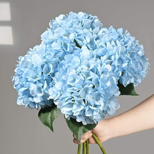 BLEUM CADE Künstliche Hortensien mit realistischen Stielen, 45,7 cm, große künstliche blaue Blumen, Kunstblume für Zuhause, Party, Dekoration, Outdoor, Hochzeit, Blumensträuße, Tischdekoration, 4